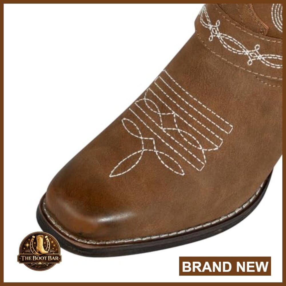 Square Toe Cowgirl Boots Mid Calf Western Riding Boots with Removable Buckle - Picture 6 of 7